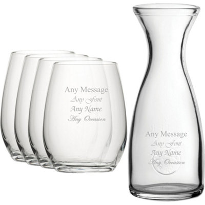  - Personalised Engraved 4 Stemless Wine Glasses With 1 Litre Glass Carafe 570Ml