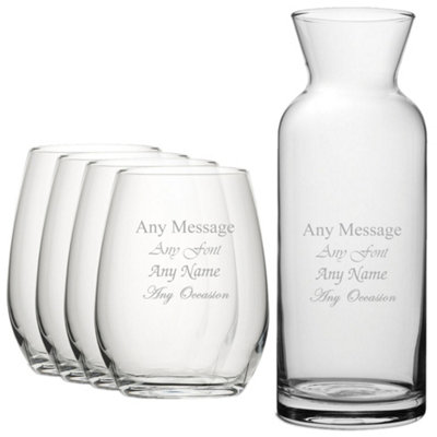 - Personalised Engraved Glass Stemless Wine Glasses And Village Carafe 570Ml Set Of 4
