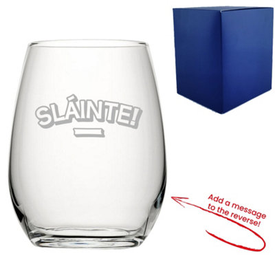  - Personalised Engraved Stemless Wine Glass With Slainte Design