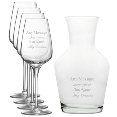  - Personalised Engraved 4 Sublym Wine Glasses And 1 Litre Vin Carafe Glass Set 450Ml
