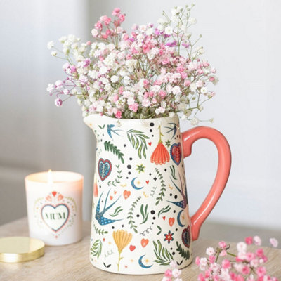  - Cream Folk Print Ceramic Flower Jug