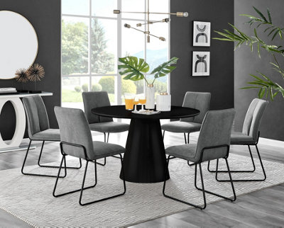 B&Q -  Uk Palma Black Semi-Gloss Round Pedestal Dining Table & 6 Dark Grey Fabric Halley Black Leg Chairs