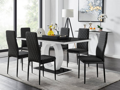 Furniturebox Giovani Rectangular 6 Seat White High Gloss Unique Halo Dining Table Black Glass Top 6 Black Faux Leather Black Leg Milan Chairs from B&Q