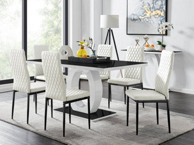 Furniturebox Giovani Rectangular 6 Seat High Gloss Unique Halo Dining Table Glass Top 6 Faux Leather Leg Milan Chairs White/Black