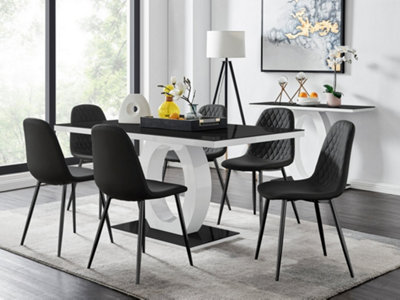 Furniturebox Giovani Rectangular 6 Seat High Gloss Unique Halo Dining Table Glass Top 6 Faux Leather Leg Corona Chairs White/Black