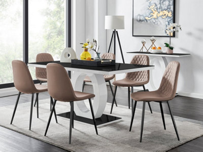 Furniturebox Giovani Rectangular 6 Seat High Gloss Unique Halo Dining Table Glass Top 6 Faux Leather Leg Corona Chairs White/Black/Beige