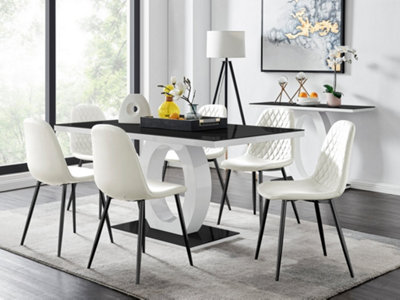 Furniturebox Giovani Rectangular 6 Seat High Gloss Unique Halo Dining Table Glass Top 6 Faux Leather Leg Corona Chairs White/Black