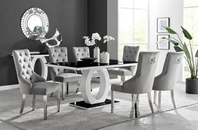 Furniturebox Giovani Rectangular 6 Seat High Gloss Unique Halo Structural Dining Table Glass Top 6 Velvet Belgravia Chairs White/Black/Grey