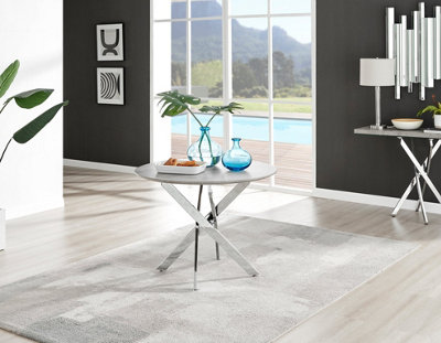 Furniturebox Grey/Silver Novara 4 Seater Concrete Effect Round Wooden Dining Table With Chrome Legs 100Cm