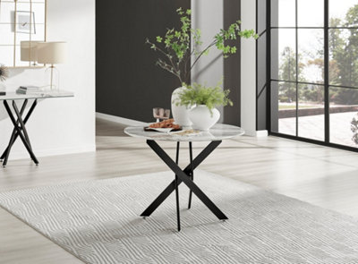 Furniturebox Novara 100Cm 4 Seater Marble Effect Round Wooden Dining Table With Matte Legs White/Black