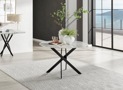 B&Q -  Novara Round White Marble Effect And Black Metal 46 Seater Dining TableRound Dining TableWhite Dining Table