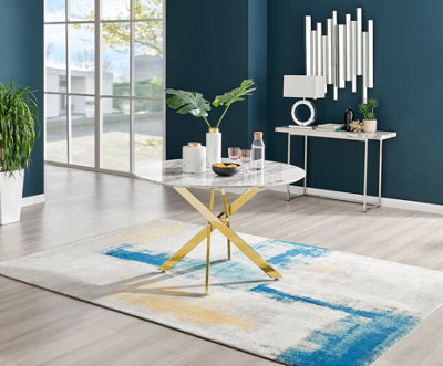 B&Q -  Novara Round White Marble Effect And Gold Metal 46 Seater Dining TableRound Dining TableWhite Dining Table
