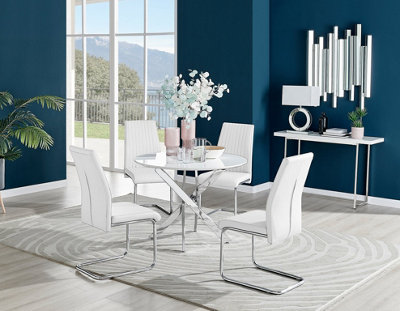 Furniturebox Novara White High Gloss 100Cm Round Dining Table With Chrome Starburst Legs & 4 White Lorenzo Faux Leather Chairs from B&Q