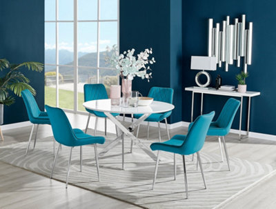 Furniturebox Novara White High Gloss 120Cm Round Dining Table With Chrome Starburst Legs & 6 Blue Pesaro Velvet Chairs from B&Q
