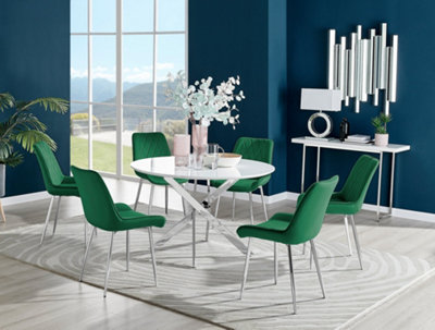 Furniturebox Novara White High Gloss 120Cm Round Dining Table With Chrome Starburst Legs & 6 Green Pesaro Velvet Chairs from B&Q