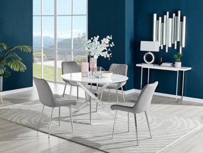 Furniturebox Novara White High Gloss 120Cm Round Dining Table With Chrome Starburst Legs & 6 Grey Pesaro Velvet Chairs from B&Q