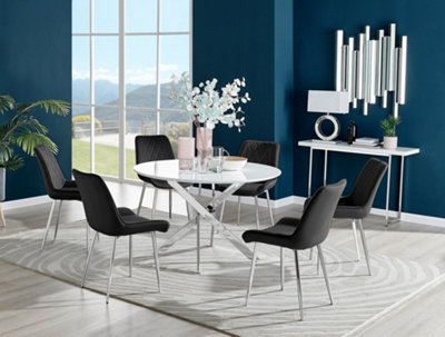 Furniturebox Novara White High Gloss 120Cm Round Dining Table With Chrome Starburst Legs & 6 Black Pesaro Velvet Chairs from B&Q