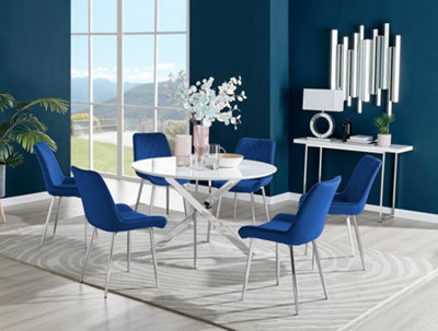 Furniturebox Novara White High Gloss 120Cm Round Dining Table With Chrome Starburst Legs & 6 Navy Pesaro Velvet Chairs from B&Q