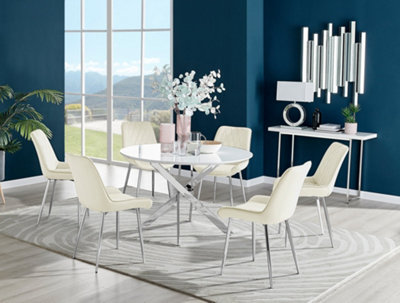 Furniturebox Novara White High Gloss 120Cm Round Dining Table With Chrome Starburst Legs & 6 Cream Pesaro Velvet Chairs from B&Q