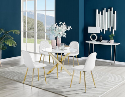 Furniturebox Uk Novara White Gloss Gold Leg Round Dining Table & 4 White Corona Gold Leg Chairs from B&Q