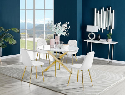 Furniturebox Uk Novara White Gloss Gold Leg 120Cm Round Dining Table & 4 White Corona Gold Leg Chairs from B&Q