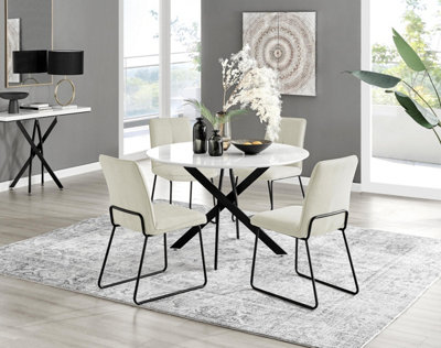 Furniturebox Uk Novara White Gloss Black Leg 120Cm Round Dining Table & 4 Cream Halle Chairs from B&Q