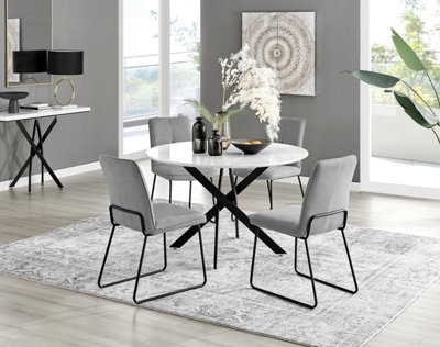 Furniturebox Uk Novara White Gloss Black Leg 120Cm Round Dining Table & 4 Light Grey Halle Chairs from B&Q