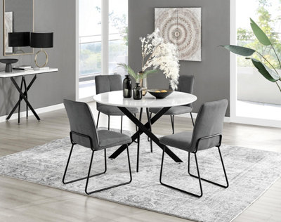Furniturebox Uk Novara White Gloss Black Leg 120Cm Round Dining Table & 4 Dark Grey Halle Chairs from B&Q
