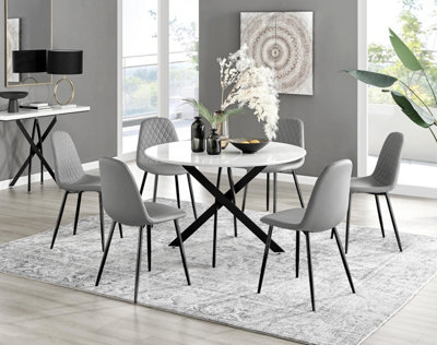 Furniturebox Uk Novara White Gloss Black Leg 120Cm Round Dining Table & 6 Grey Corona Black Leg Chairs from B&Q