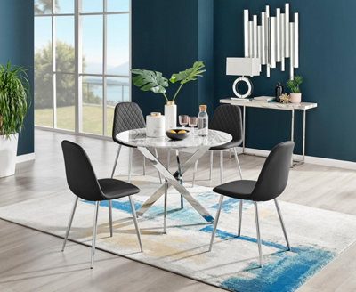 Furniturebox Uk Novara White Marble Round Dining Table & 4 Black Corona Silver Chairs from B&Q
