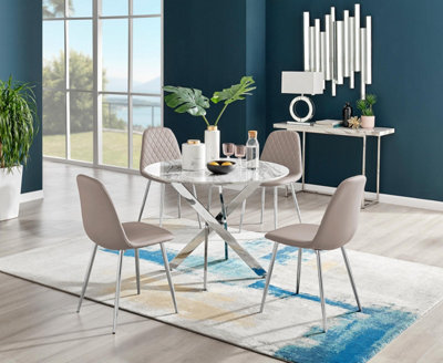 Furniturebox Uk Novara White Marble Round Dining Table & 4 Cappuccino Corona Silver Chairs from B&Q