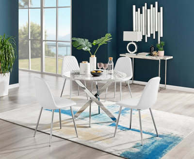 Furniturebox Uk Novara White Marble Round Dining Table & 4 White Corona Silver Chairs from B&Q
