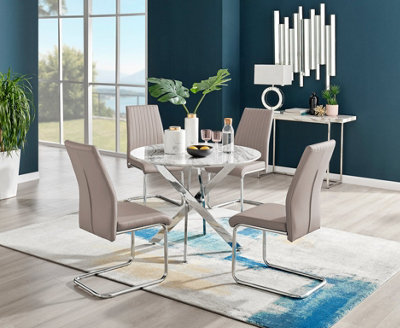 Furniturebox Novara White Marble Effect 100Cm Round Dining Table With Chrome Starburst Legs & 4 Beige Faux Leather Lorenzo Chairs from B&Q