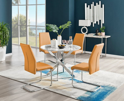 Furniturebox White Novara Marble Effect Round Dining Table With Chrome Legs & 4 Mustard Faux Leather Lorenzo Chairs 100Cm