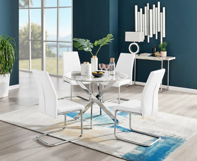 Furniturebox Novara White Marble Effect 100Cm Round Dining Table With Chrome Starburst Legs & 4 White Faux Leather Lorenzo Chairs from B&Q