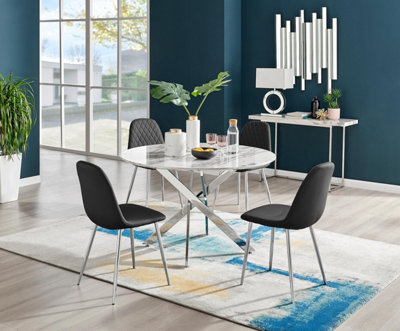 Furniturebox Uk Novara White Marble 120Cm Round Dining Table & 4 Black Corona Silver Chairs from B&Q