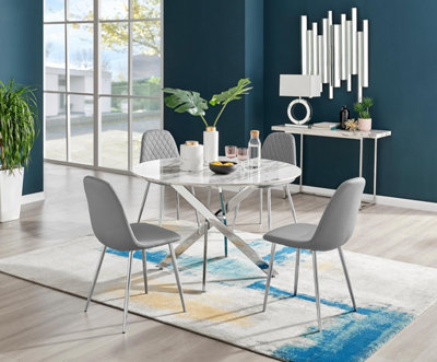 Furniturebox Uk Novara White Marble 120Cm Round Dining Table & 4 Grey Corona Silver Chairs from B&Q