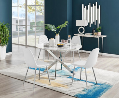 Furniturebox Uk Novara White Marble 120Cm Round Dining Table & 4 White Corona Silver Chairs from B&Q