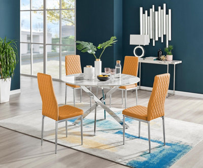 Furniturebox Uk Novara White Marble 120Cm Round Dining Table & 4 Mustard Milan Chrome Leg Chairs from B&Q