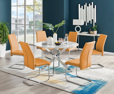 Furniturebox White Novara Marble Effect Round Dining Table With Chrome Legs & 6 Mustard Faux Leather Lorenzo Chairs 120Cm