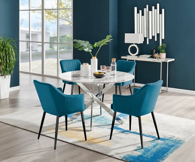 Furniturebox Novara White Marble Effect 120Cm Round Dining Table With Chrome Starburst Legs & 6 White Faux Leather Lorenzo Chairs from B&Q