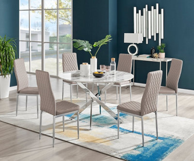 Furniturebox Novara White Marble Effect 120Cm Round Dining Table With Chrome Starburst Legs & 6 Beige Faux Leather Milan Chairs from B&Q