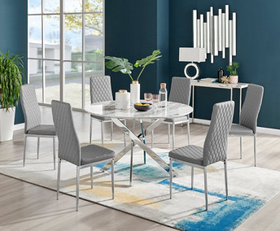 Furniturebox Novara White Marble Effect 120Cm Round Dining Table With Chrome Starburst Legs & 6 Grey Faux Leather Milan Chairs from B&Q