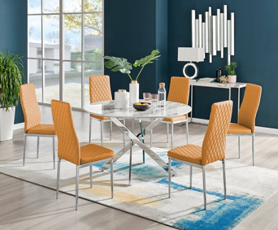 Furniturebox Novara White Marble Effect 120Cm Round Dining Table With Chrome Starburst Legs & 6 Mustard Faux Leather Milan Chairs from B&Q
