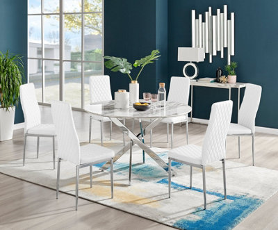 Furniturebox Novara White Marble Effect 120Cm Round Dining Table With Chrome Starburst Legs & 6 White Faux Leather Milan Chairs from B&Q