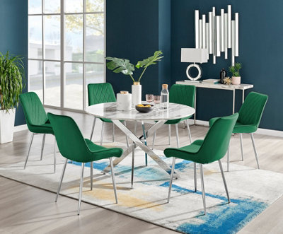 Furniturebox White/Green Novara Marble Effect Round Dining Table With Chrome Starburst Legs & 6 Velvet Pesaro Chairs 120Cm