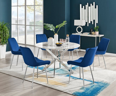 Furniturebox White Novara Marble Effect Round Dining Table With Chrome Starburst Legs & 6 Navy Velvet Pesaro Chairs 120Cm