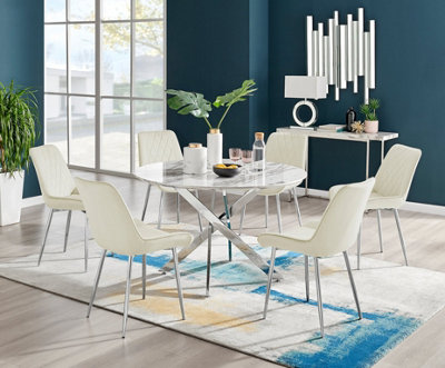 Furniturebox Novara Marble Effect 120Cm Round Dining Table With Chrome Starburst Legs & 6 Velvet Pesaro Chairs White/Cream