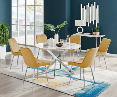 Furniturebox Novara Marble Effect 120Cm Round Dining Table With Chrome Starburst Legs & 6 Mustard Velvet Pesaro Chairs White