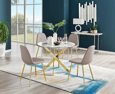 Furniturebox Uk Novara White Marble Gold Leg Round Dining Table & 4 Cappuccino Corona Gold Leg Chairs from B&Q